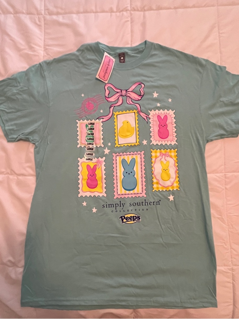 Simply Southern Light Blue Peeps Stamp Graphic Tee. Size Large